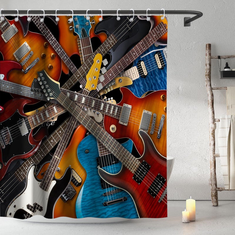 Final Friday Music Shower Curtain Instruments Kinds of Guitar Musical Theme Fabric Bathroom Decor Sets with Grommets and Hooks 72 x 72 Inch Brown,White, Blue - Image 2
